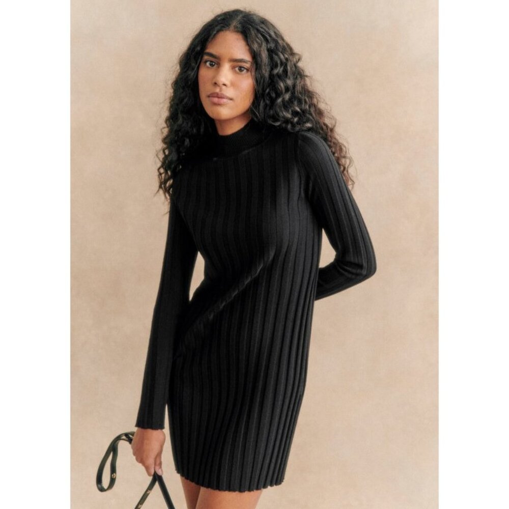 EUC Sézane Gabriella 100% Merino Wool Ribbed Sweater Dress Black Medium $195
